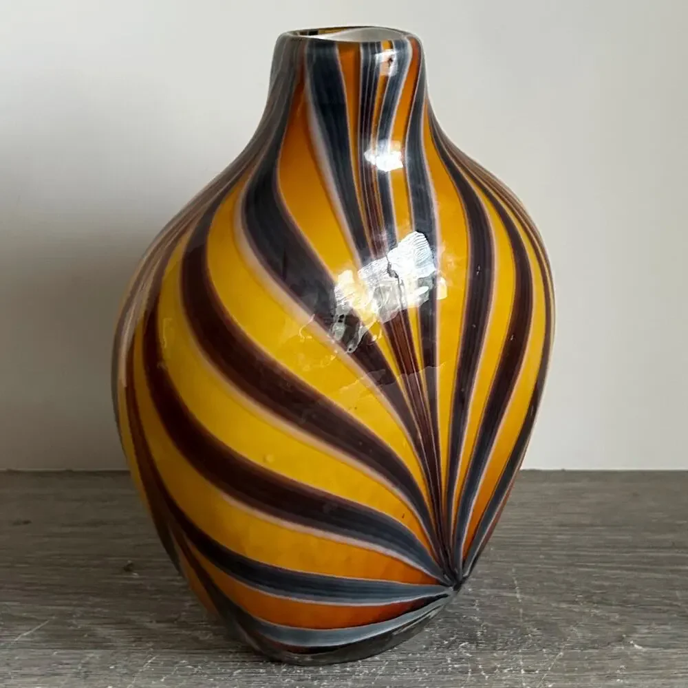Vintage Murano Style Cased Tiger Strip / Pulled Feather Glass 8” Vase Set of 3